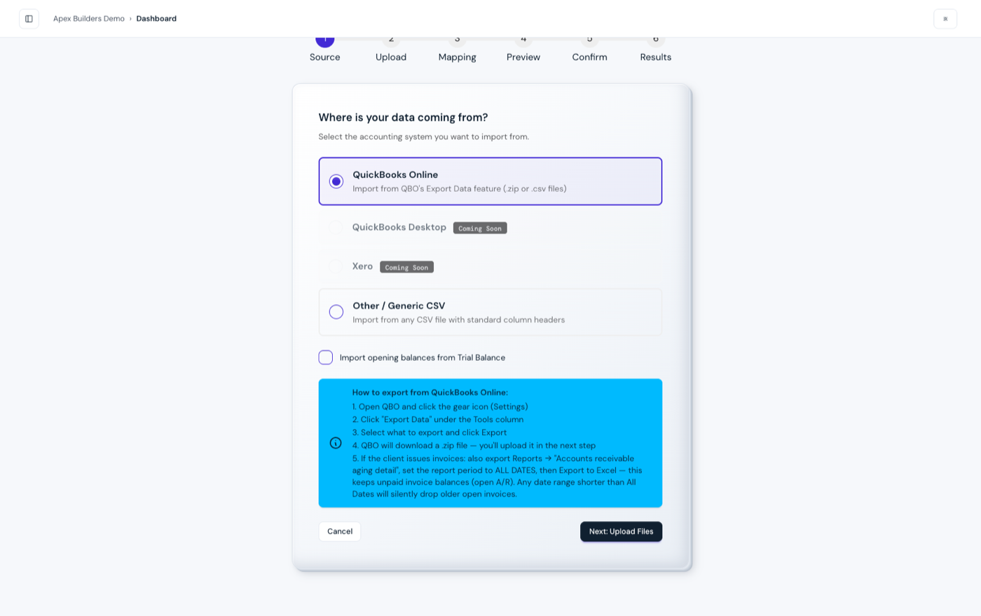 Guided import wizard for QuickBooks Online and CSV data