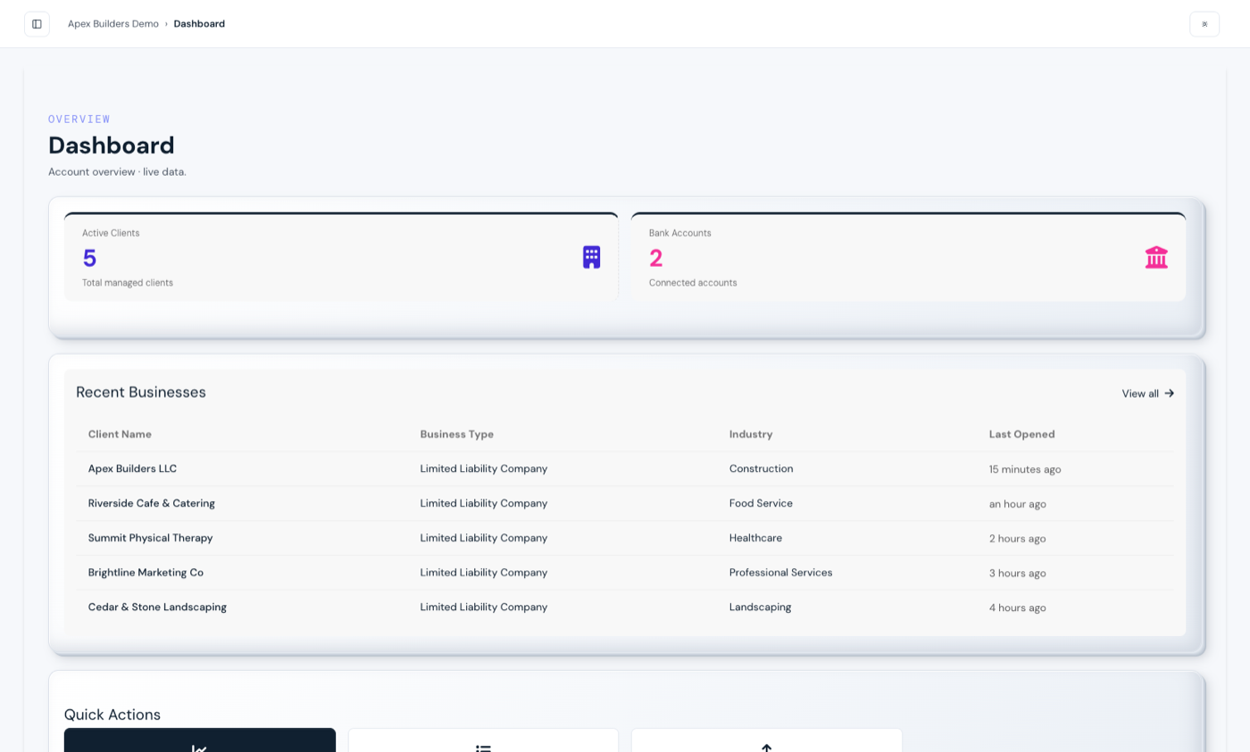 Accountant portfolio dashboard showing all clients and their review status