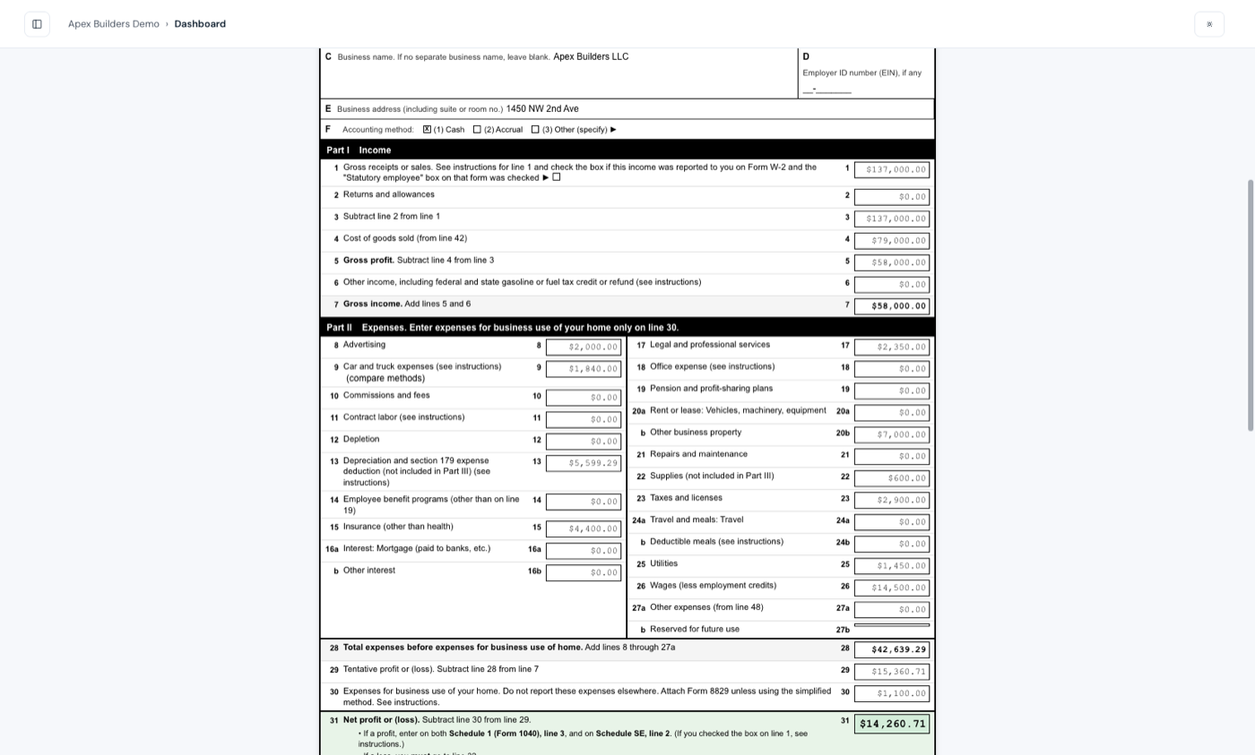 Draft IRS Schedule C generated from your books