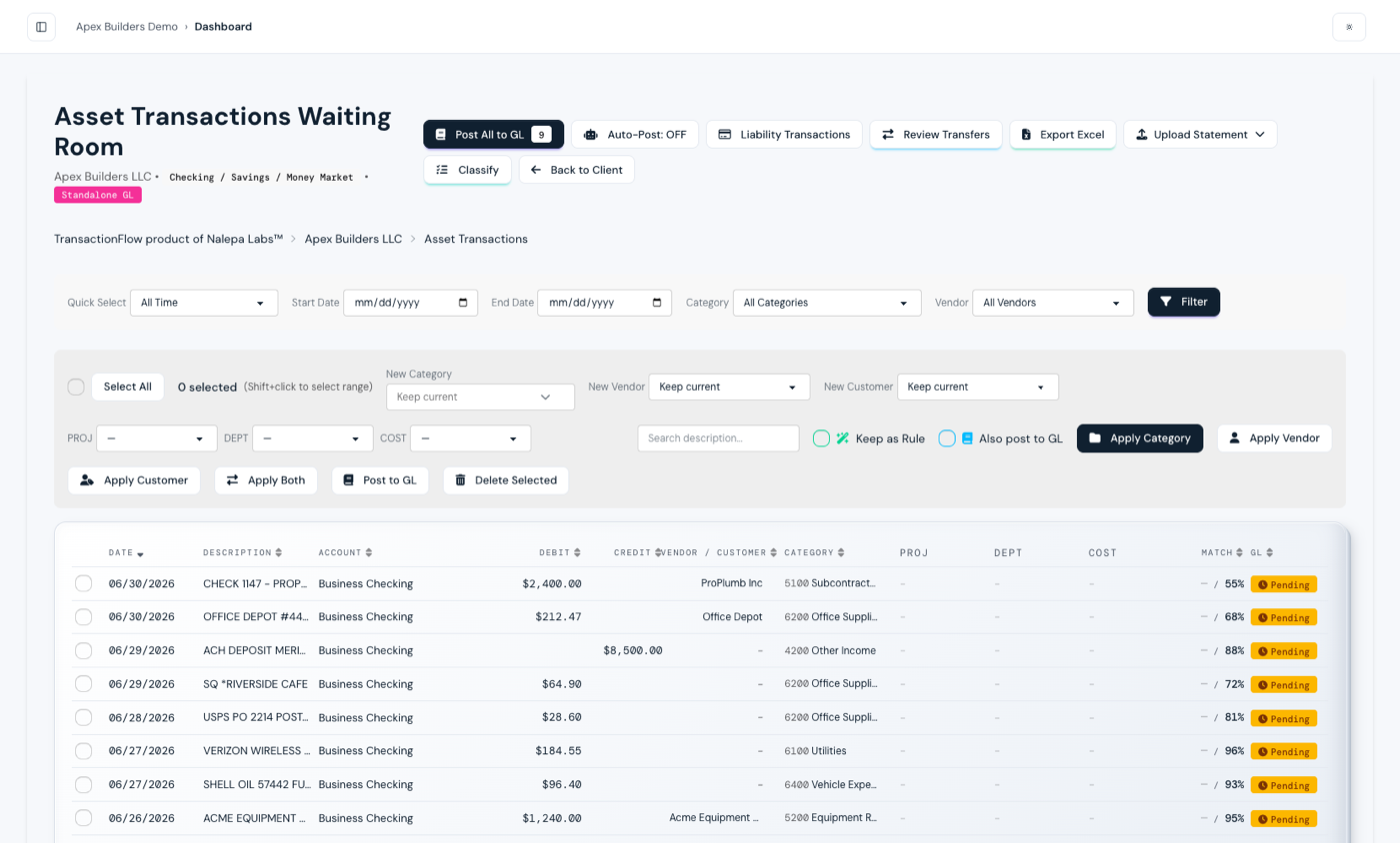 Transaction review queue with AI category suggestions and per-row confidence scores